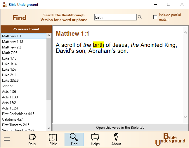 Picture of the Search tab of Bible Underground
