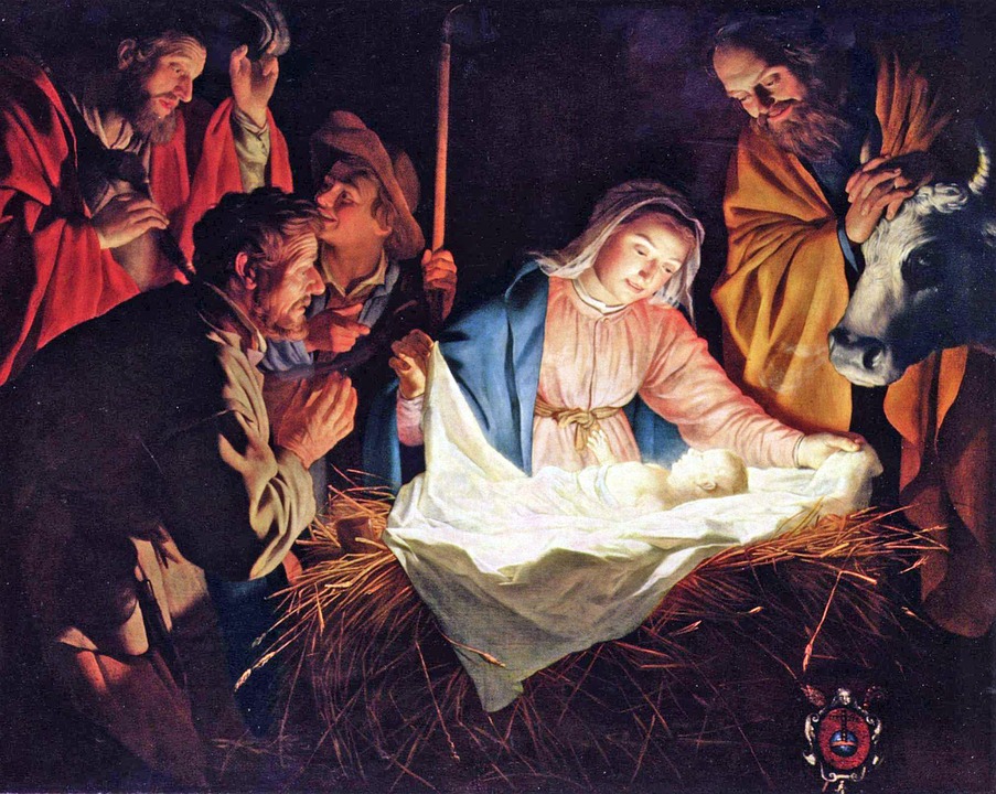 A picture of the shepherds looking at baby Jesus